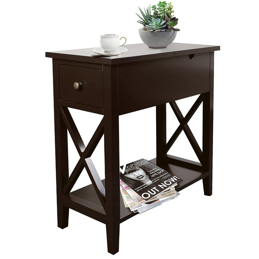 ChooChoo End Table, Flip Top Narrow End Table with Drawer, Accent Small Side Table Nightstand for Living Room, Bedroom, and Small Spaces, Espresso