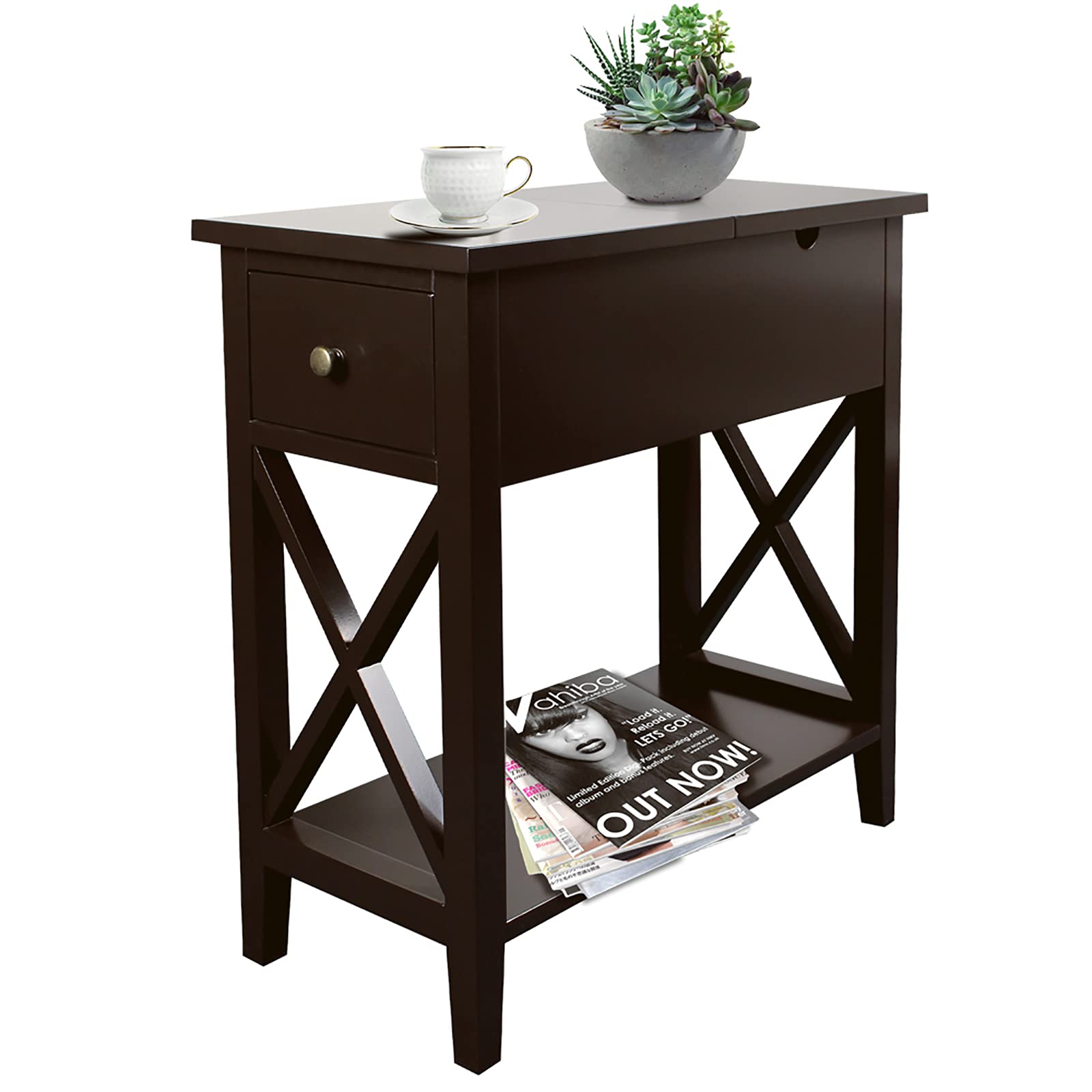 ChooChoo End Table, Flip Top Narrow End Table with Drawer, Accent Small Side Table Nightstand for Living Room, Bedroom, and Small Spaces, Espresso