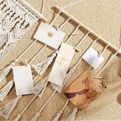 Macrame Hanging Photo Display with String Lights and 30 Wood Clips