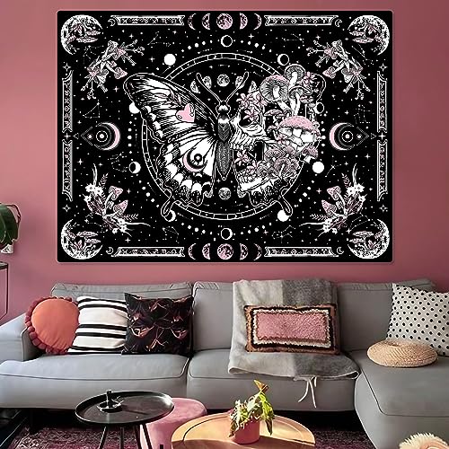 Pink Skeleton Butterfly & Mushroom Tapestry - Aesthetic Wall Hanging (48" x 36")