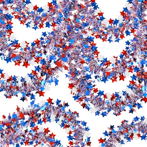 Patriotic 4th of July Tinsel Garland - 50ft Red White & Blue Star Decor