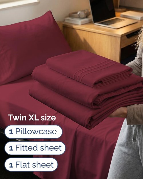 Comfy Twin XL Sheet Set by [Brand Name] | 3-Piece Cooling Bedding - Soft, Breathable, Deep Pockets - Burgundy