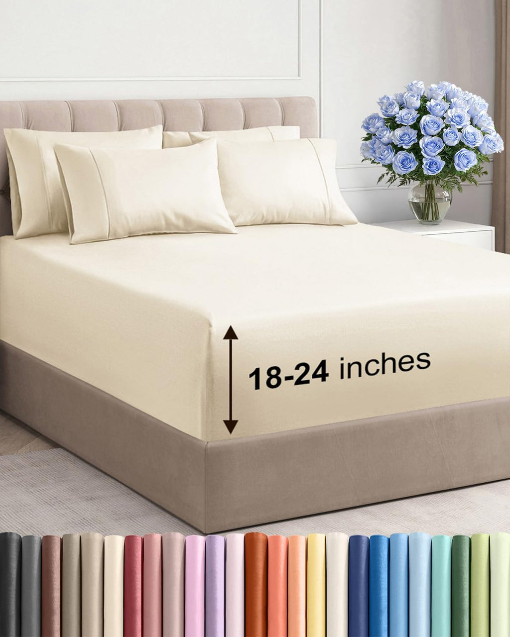 Skiennix Extra Deep Cal King Sheet Set - 6-Piece Breathable Cooling Bedding - Soft, Wrinkle-Free Off White