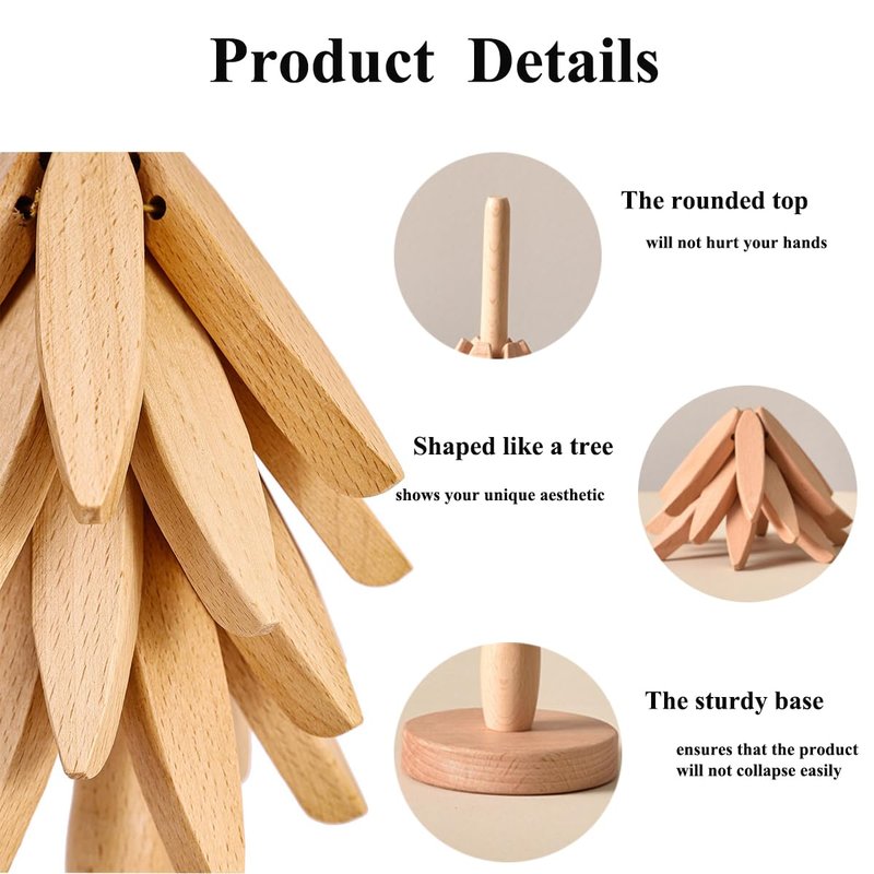 Wooden Trivets for Hot Dishes，Tree Shape Trivet Set，Beech Wood Tree Shape Trivets for Hot Pots and Pans (4 Layers+1 Stand)