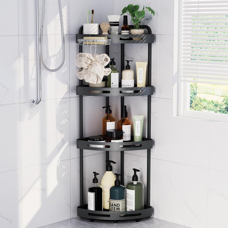 Binecer Corner Shower Caddy Stand, 4 Tier Standing Shower Organizer with Soap Holder, Rustproof Shower Shelves for Bathroom Shampoo Storage, Grey
