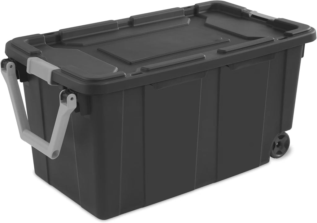 Rugged 40 Gallon Wheeled Industrial Tote by [Brand Name] - Durable Plastic Storage Bin with Latch Lid, Dark Gray