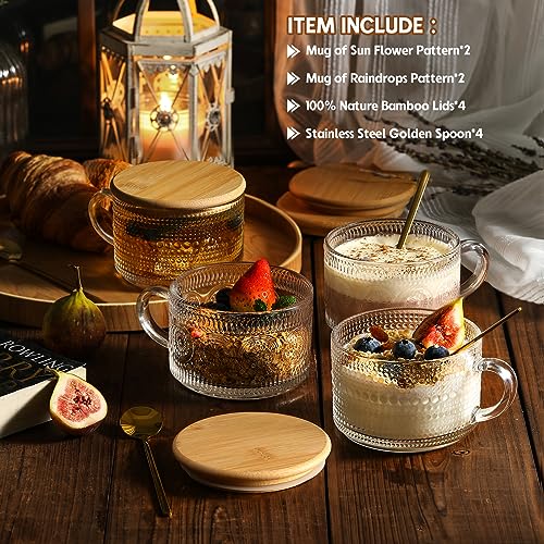 LANDNEOO 4-Pack Vintage Glass Coffee Mugs with Bamboo Lids & Spoons, 14oz