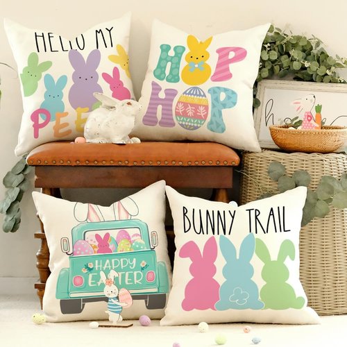 GEEORY Easter Pillow Covers 18x18 Set of 4 Easter Decorations for Home Bunny Truck Hello Peeps Hip Hop Decorative Throw Pillows Spring Easter Farmhouse Decor