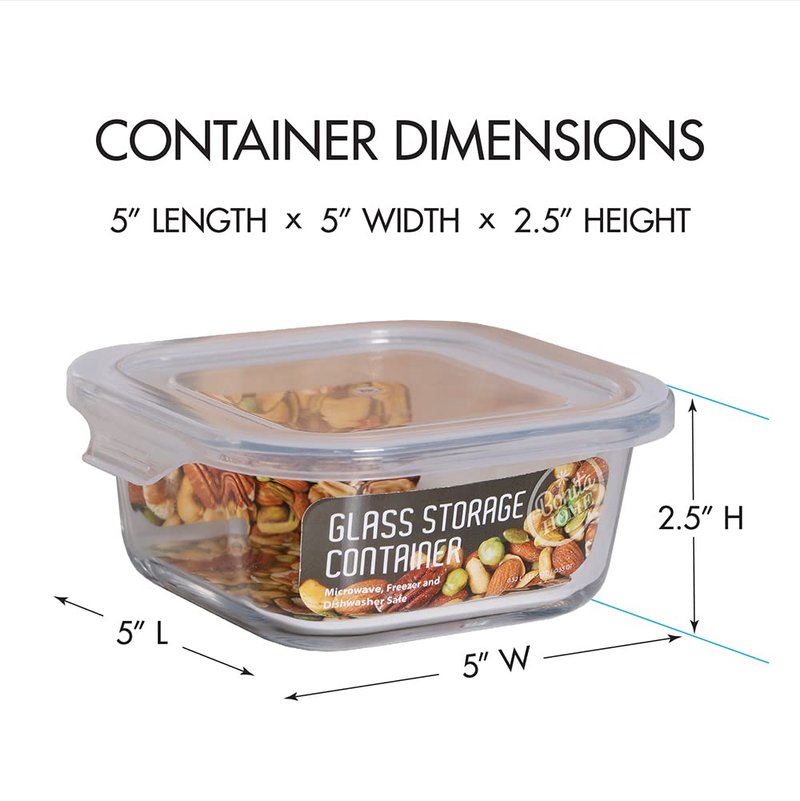 Bonita Home Square Glass Storage Container, Stackable BPA Free Airtight Seal Food Containers with Lids, Meal Prep Kitchen Organization and Storage, 5"x5" x 2.5", 17.6oz, 0.52L, White, 4 Pack