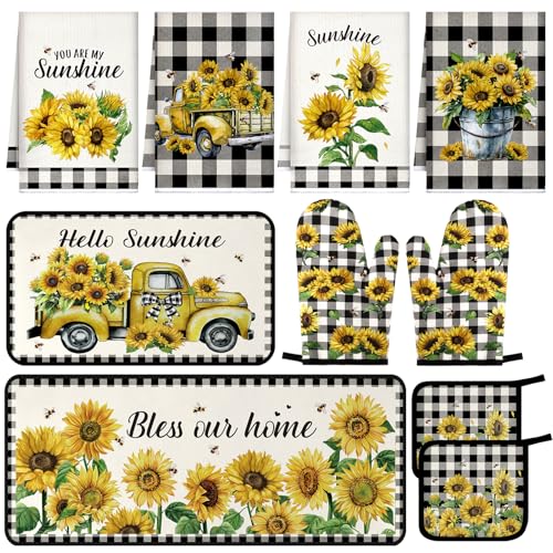 10-Piece Sunflower Kitchen Decor Set: Oven Mitts, Pot Holders, Rugs, Towels