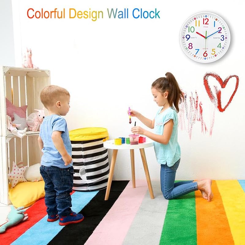 10-Inch Silent Wall Clock for Kids Learning to Tell Time - Colorful Analog