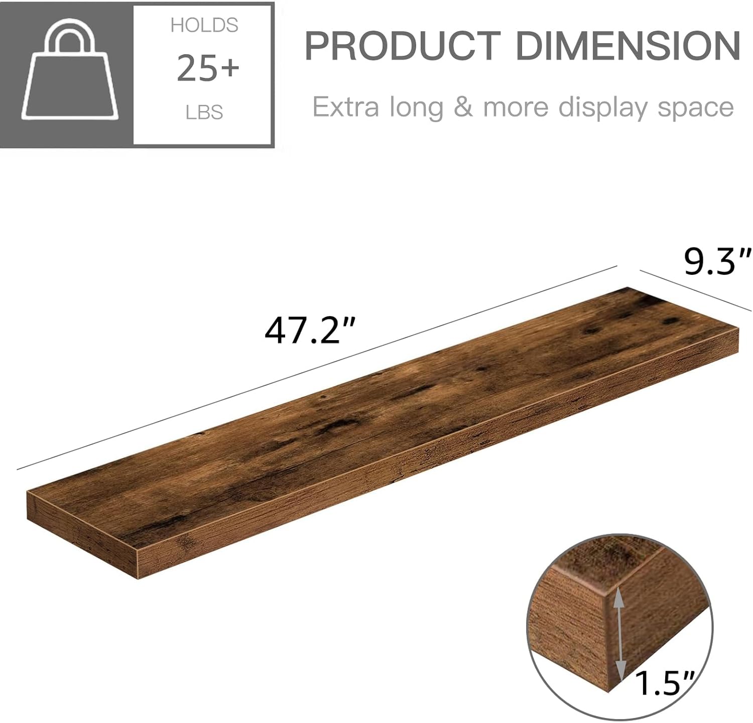 QEEIG Floating Shelves - Extra Long 47.2" Rustic Brown Wall Shelf Set of 2 for Home Decor & Display