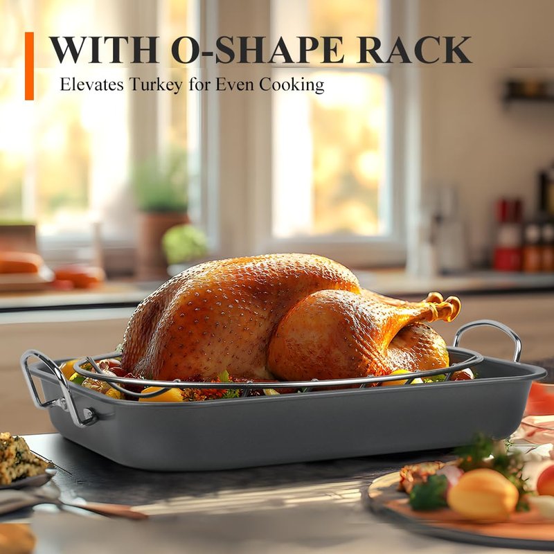 Nonstick Turkey Roaster with 2 Stainless Steel Racks for Baking Turkey, Chicken, Veggies