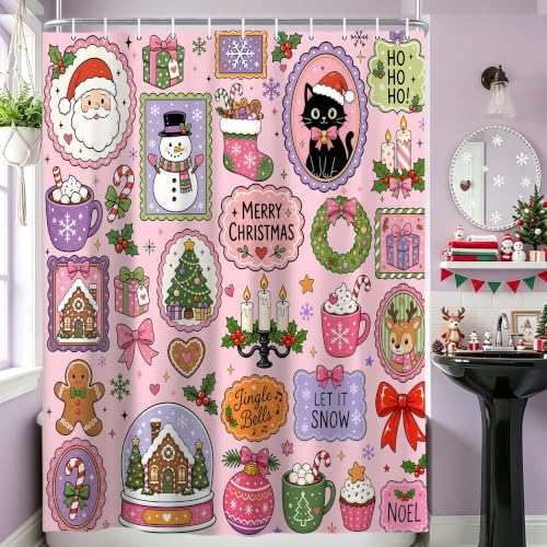 DeeCabin Pink Christmas Shower Curtain Santa Claus & Black Cat 70x70 Inches