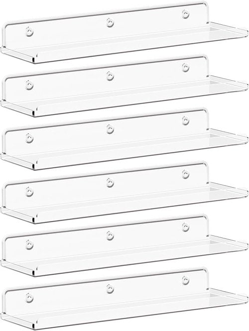 Lifewit Floating Shelves - 15" Acrylic Wall Organizer for Perfume, Makeup & Decor | Clear 6-Pack