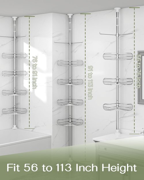 ALLZONE Corner Shower Caddy - Rustproof 4-Tier Adjustable Shelves for Bathroom Storage | Tension Mounted, 56-113 Inch Height, Silver