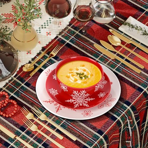 Red Ceramic Christmas Cereal Bowls Set - 6 Pieces, 5.6 Inch Snowflake Holiday Dinnerware