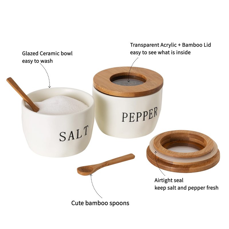 Howise 2 Pack Salt and Pepper Bowls Set, Ceramic Salt and Pepper Containers with Visible Airtight Bamboo Lid and Spoon, White Salt Pepper Holder Shakers Set, Salt Cellar Box Dish with Lid (White)