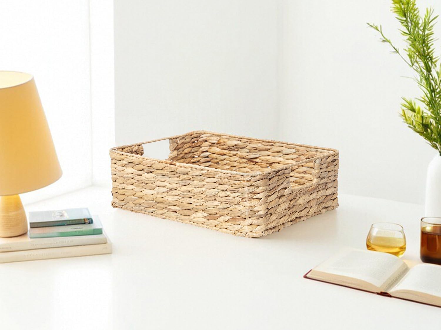YAHUAN Water Hyacinth Storage Baskets - Stylish Organizing Solution with Handles | Square Shallow Design
