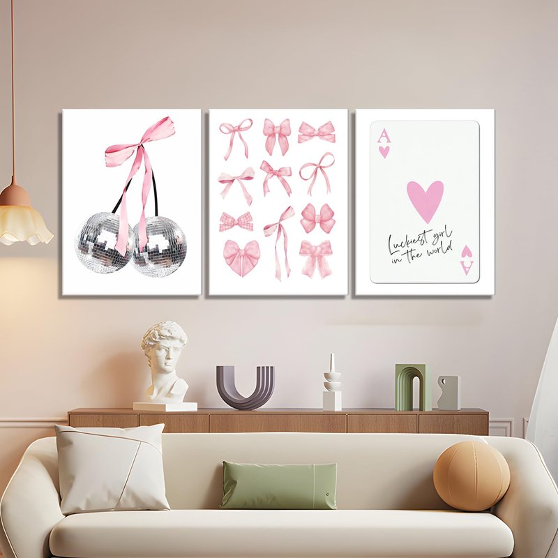 Pink Bows Wall Art Set of 3, Preppy Coquette Wall Decor, Trendy Disco Ball and Lucky Card Poster Canvas Prints for Teen Girl Apartment Bedroom Living Room Aesthetic 16x24 inch Framed