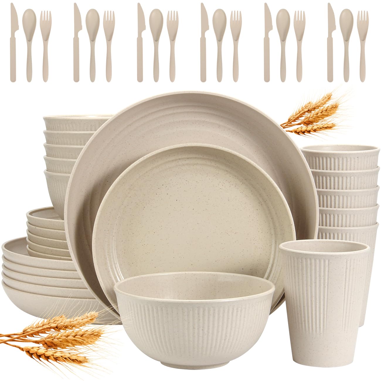 Wheat Straw Dinnerware Sets for 6 (42pcs), SGAOFIEE Unbreakable Dinnerware Set, Kitchen Plates and Bowls Set, Unbreakable Plastic Outdoor Camping Dishes, Dishwasher Microwave Safe, Beige White