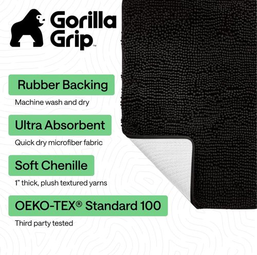 GORILLA GRIP Bath Rug Mat - Thick Soft Absorbent Chenille | Quick Dry Microfiber 36x24 Black