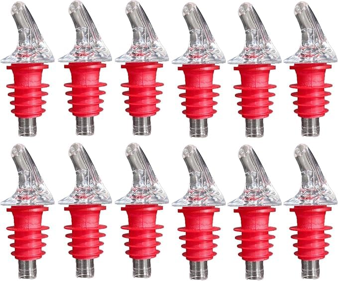 Set of 12 Medium Red Free-Pour Liquor Bottle Spouts for 750ml & 1L Bottles