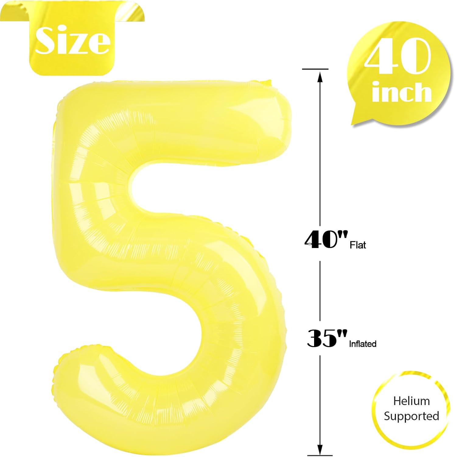 Yellow Number 5 Balloon - 40 Inch Giant Foil Balloon for 5th Birthday Party Decorations