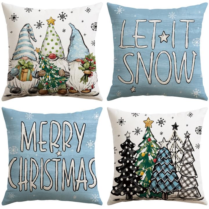 OTOSTAR Merry Christmas Throw Pillow Covers 18x18 in. Light Blue – Set of 4, Xmas Tree Let It Snow Snowflake
