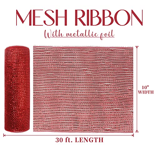 MEEDEE Red Mesh Ribbon 10 Inch Wide, 30 Feet Metallic Deco Mesh Roll for Christmas & Crafts - Red / 10 Inch