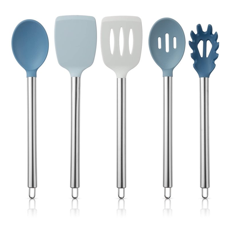 COOK WITH COLOR Silicone Cooking Utensils, Kitchen Utensil Set, Easy to Clean Silicone Kitchen Utensils, Cooking Utensils for Nonstick Cookware, Kitchen Gadgets Set, 5 Pieces, Blue and White