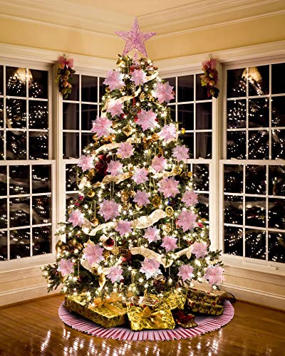 Pink Christmas Decorations Set - Tree Skirt, Star Topper & Glitter Flowers, 38 pcs