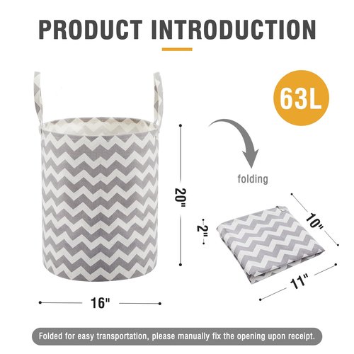 Baby Laundry Basket with Long Handles, 63L Collapsible Kids Laundry Hamper, Toy Storage Basket for Nursery, Bedroom Decor for Girls and Boys (Grey Chevron)