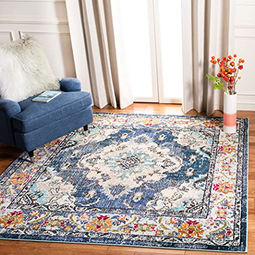 SAFAVIEH Monaco Collection Area Rug - 4' Square, Navy & Light Blue, Boho Chic Medallion Distressed Design, Non-Shedding & Easy Care, Ideal for High Traffic Areas in Living Room, Bedroom (MNC243N)