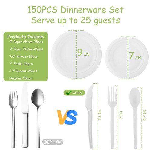 Diihossbox 150 Piece (25 Sets) Biodegradable Paper Plates Set Disposable Heavy-Duty Eco Friendly Dinnerware Set,Include Plates,Forks,Knives,Spoons,Napkins for Birthday Camping Party Picnic BBQ