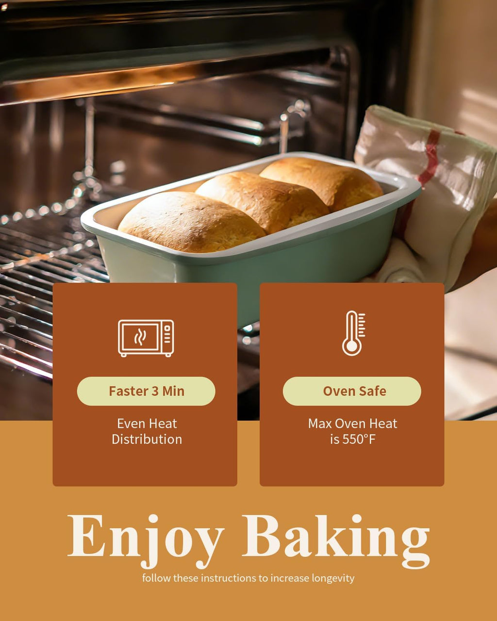 Skiennix Non-Stick Bread Loaf Pan - 9x5 Inch, Ceramic Coating, Oven Safe to 550°F, Dishwasher Safe, Pistachio Green