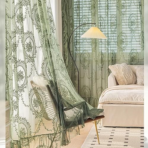 Lace Sheer Curtains with Scallop Ruffle - 70 Inch Vintage Floral Panels - 2 Pack