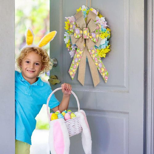 Estivaux Large Easter Wreath Bow - Flaxen Burlap Holiday Decoration for Indoor/Outdoor Use
