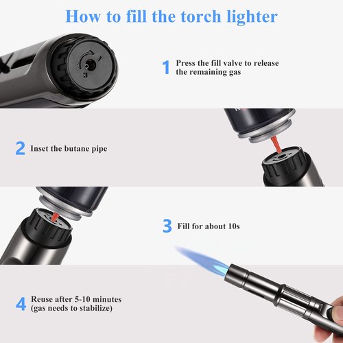 Butane Torch With Long Refillable Kitchen Lighter, Visible Fuel Window, Adjustable Jet Flame Pen for Grill, Fireplace (Black1)