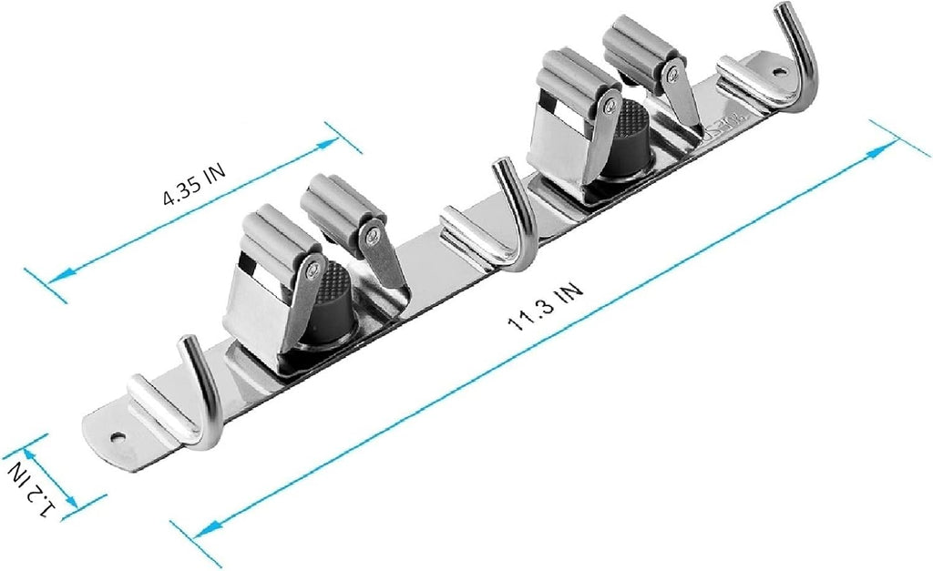 Skiennix Broom and Mop Holder - Wall Mounted Storage Rack with 2 Racks & 3 Hooks - Heavy Duty Stainless Steel