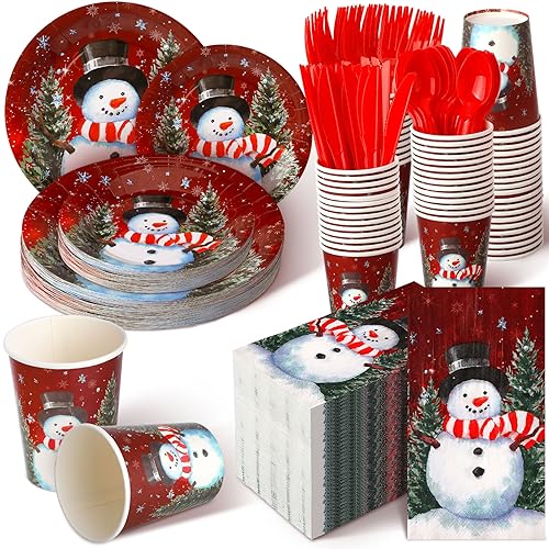 Sinmoe Red Snowman Christmas Paper Plate Dinnerware Set, 400 Pcs