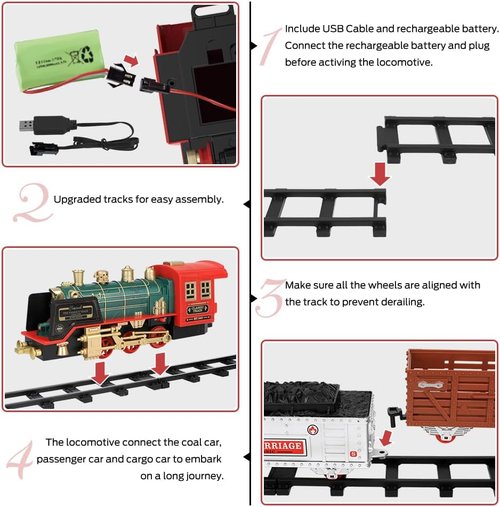 Mini Tudou Electric Christmas Train Set - Remote Control Steam Locomotive with Sound & Light | Rechargeable Battery, Cargo Cars & Tracks for Kids 3+