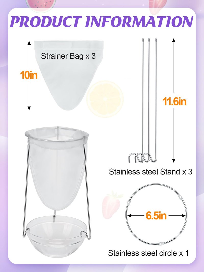 Stable Jelly Strainer Stand with 3 Strainer Bags - Reusable Mesh Filter Bags & Stainless Steel Sieve Stand Kit for Straining Nut Milk Cheese Juice Greek Yogurt, 1 Set