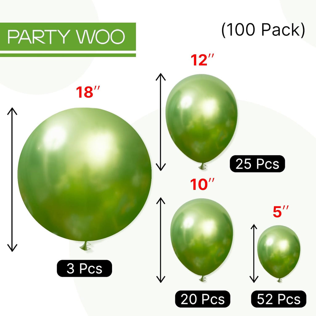 PartyWoo Metallic Green Balloons - 100pcs in 5-18 Inch Sizes for Graduation & Wedding Decor