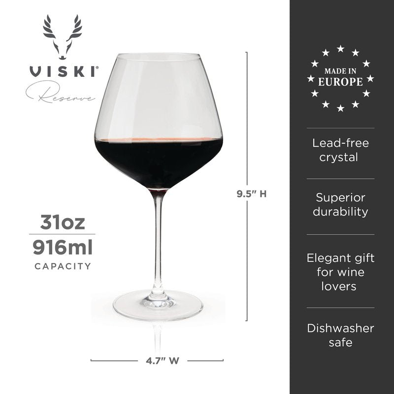Viski Reserve Inez Burgundy Wine Glasses, Crystal Clear Red Wine Glasses for Wedding, Anniversary, Birthday Gifts for Women and Men, Home Bar, Elegant Glassware, 31 oz, Set of 4