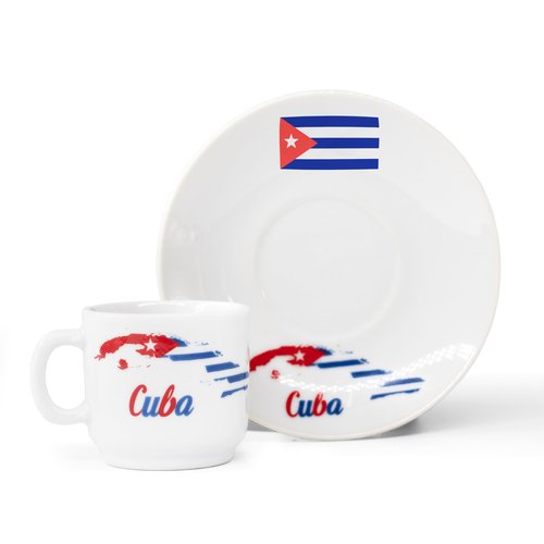YSSER Cuban Flag Espresso Cup Set, 2.5 oz Cups with Matching Saucers, White Ceramic, 12 Piece Set