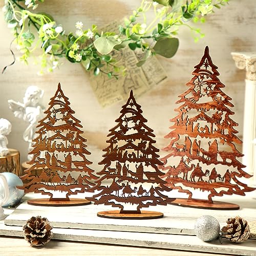 3-Piece Wooden Nativity Scene Tree Set - Rustic Tabletop Holiday Decor