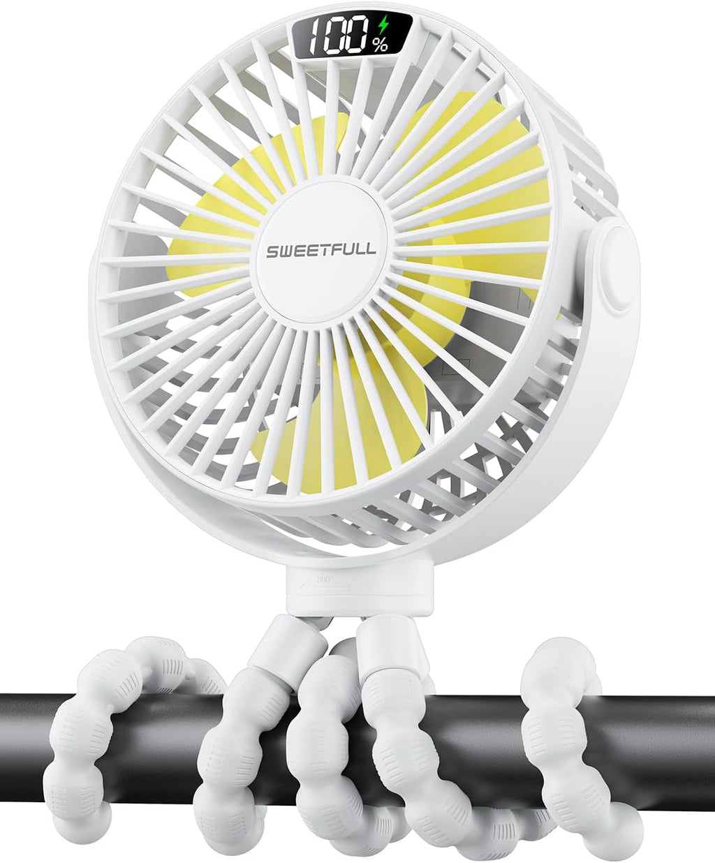 Sweetfull Portable Stroller Fan - 4-Speed Rechargeable Mini Clip-On Fan with LED Display | 360° Rotation, White