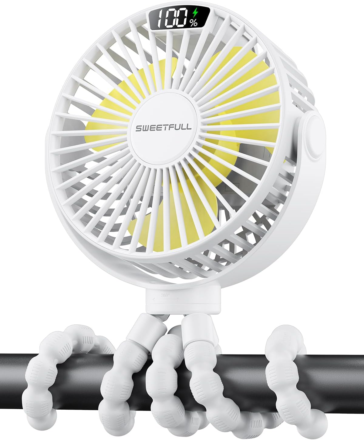 Sweetfull Portable Stroller Fan - 4-Speed Rechargeable Mini Clip-On Fan with LED Display | 360° Rotation, White