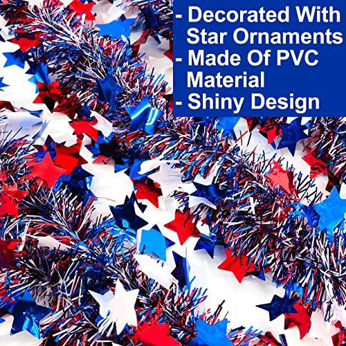 Patriotic 4th of July Tinsel Garland - 50ft Red White & Blue Star Decor